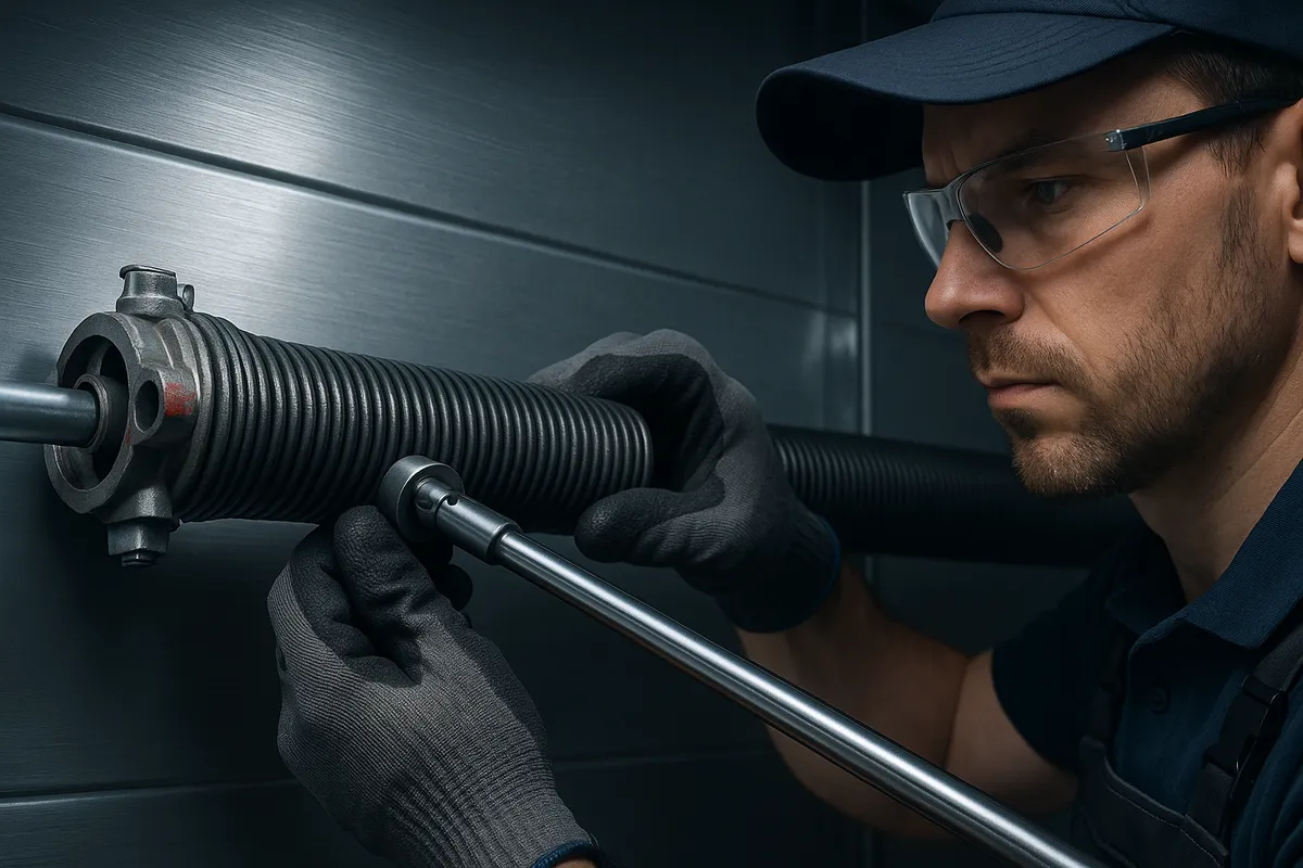 A technician inspects a garage door spring with a torque wrench, highlighting repair precision and safety.