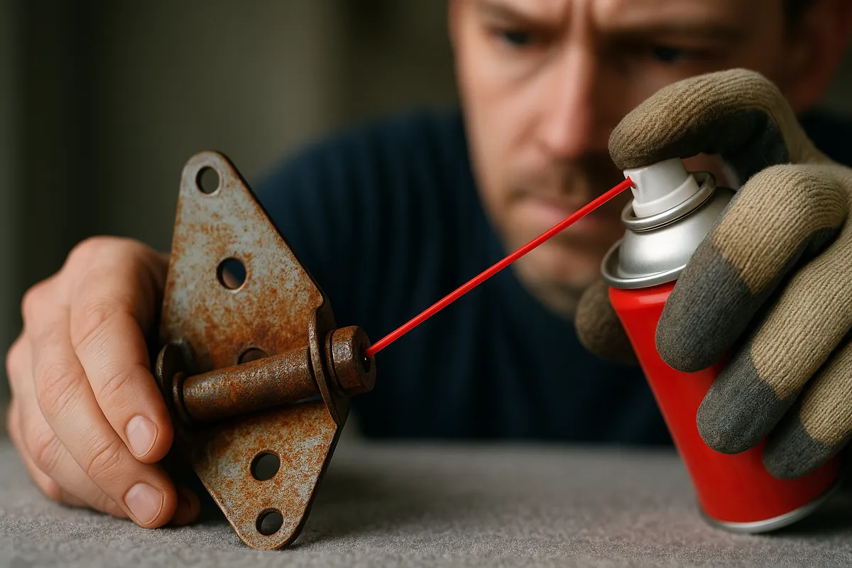 A rusted garage door hinge is being treated with penetrating oil, highlighting common repair mistakes.
