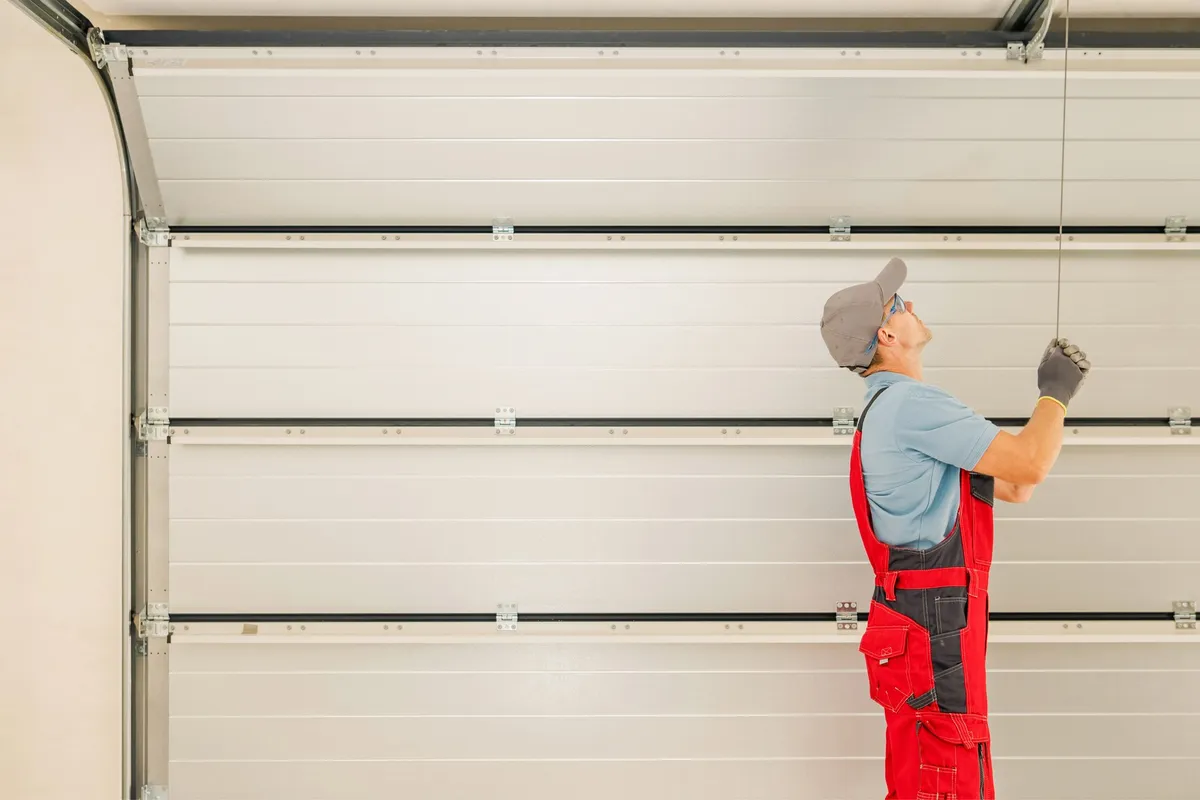 A technician installing an automatic residential garage door, highlighting proper installation techniques.
