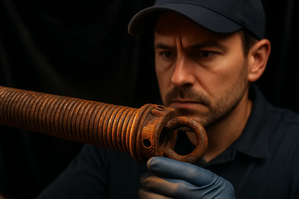 A technician inspects a rusted garage door spring, highlighting wear that can lead to costly repairs.