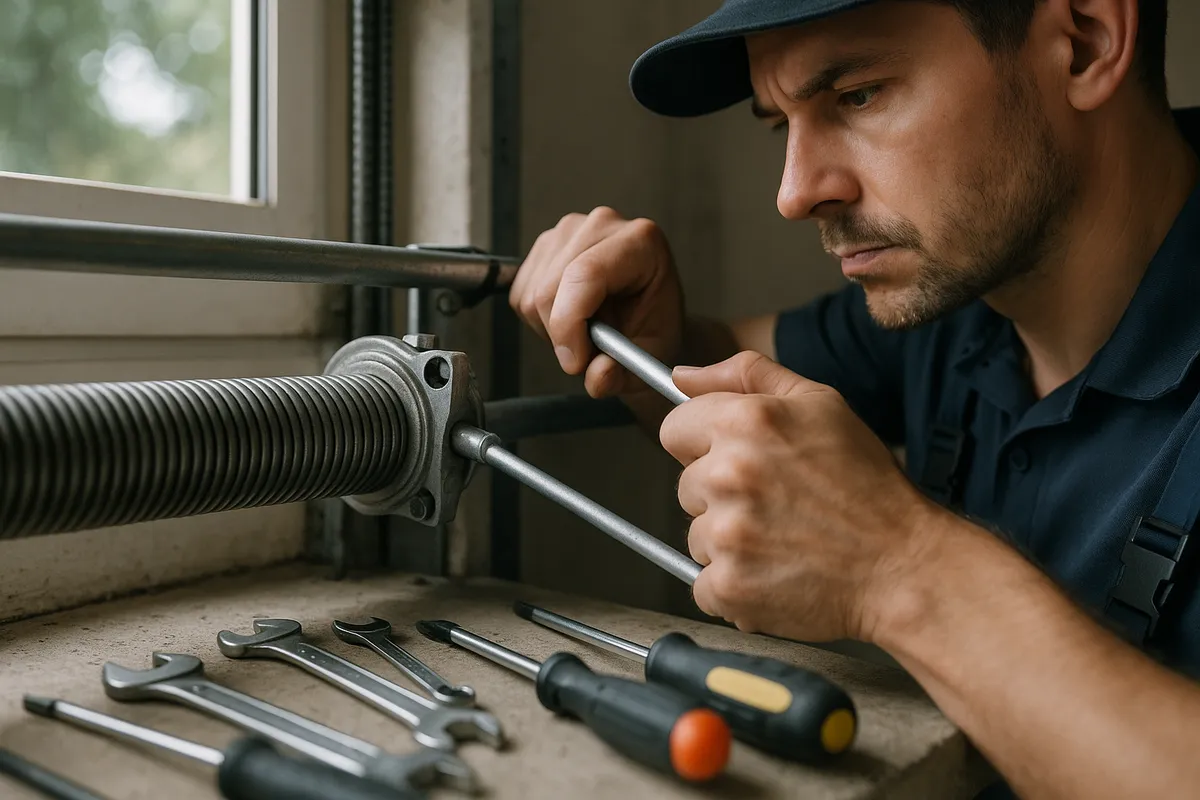 A technician carefully adjusts a garage door spring with tools nearby, emphasizing the importance of reliable repairs.
